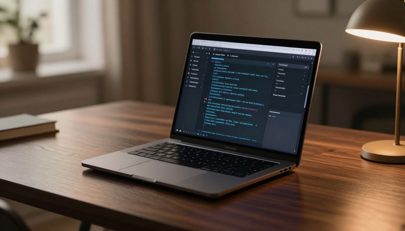 Sleek matte black laptop on dark oak desk showing AI generation interface, tungsten desk lamp