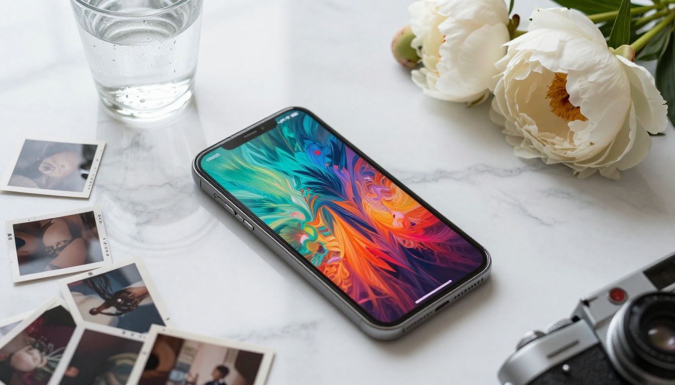 Smartphone on white Carrara marble with AI art, peonies and vintage Leica flat lay