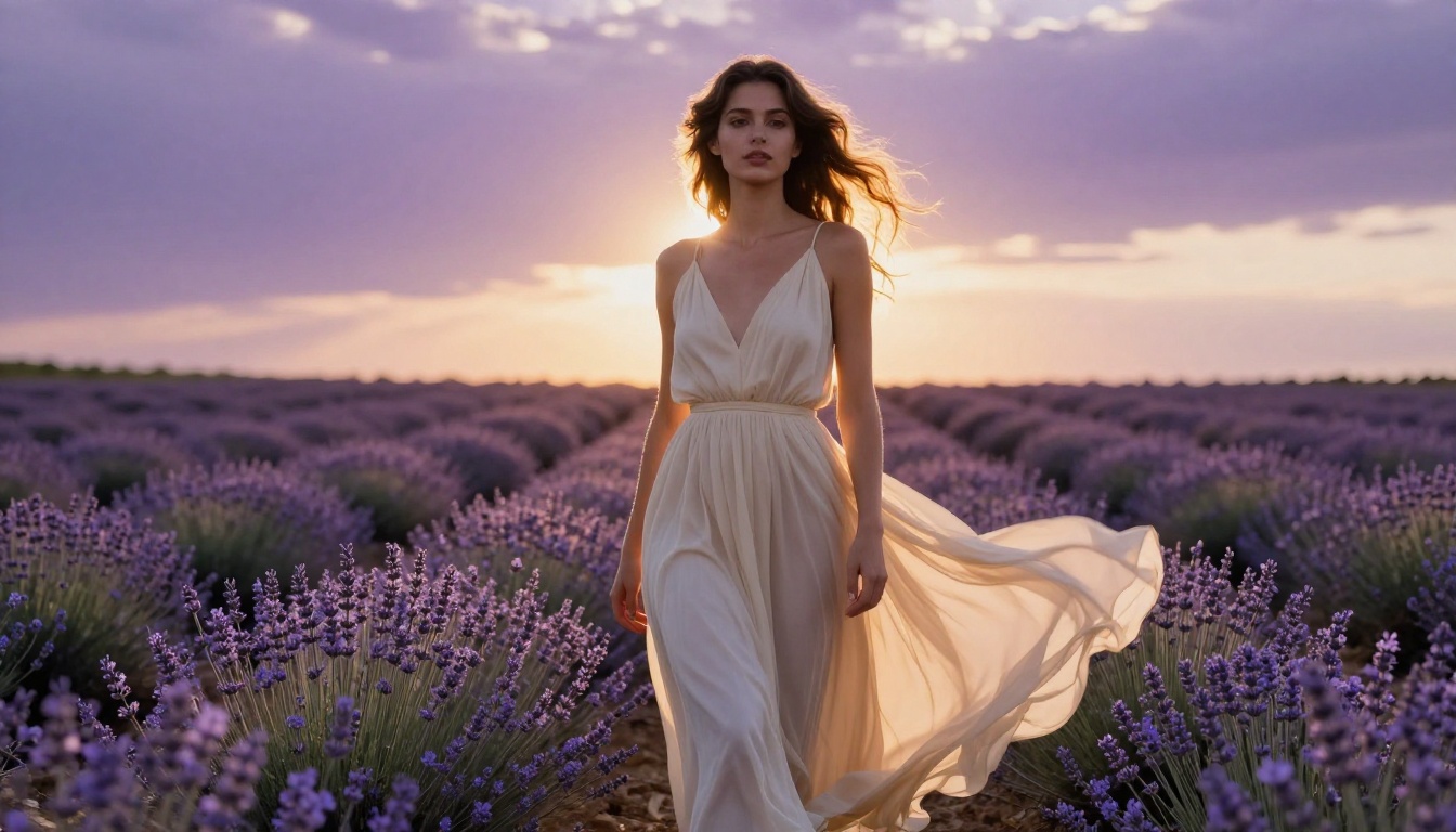 Woman in cream chiffon maxi dress in lavender field at magic hour, golden bokeh background