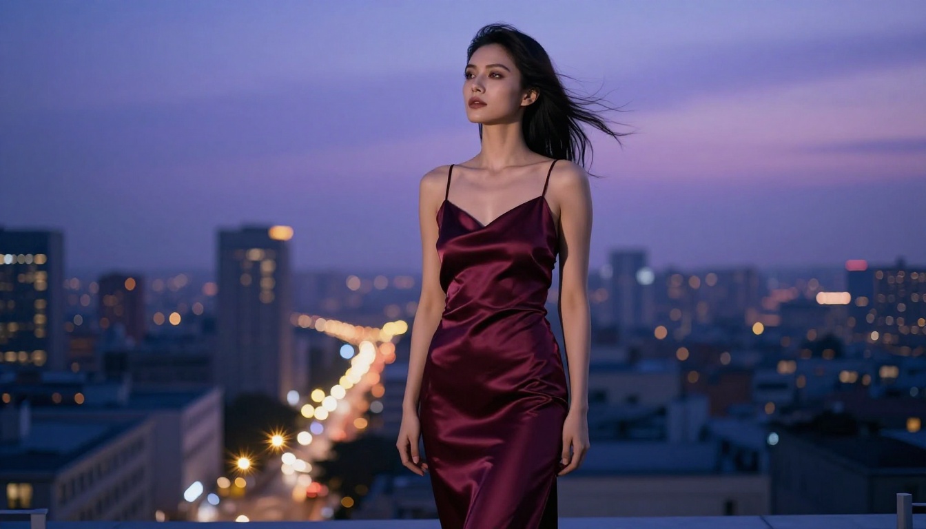 Woman in burgundy satin dress on rooftop at blue hour, cinematic city lighting