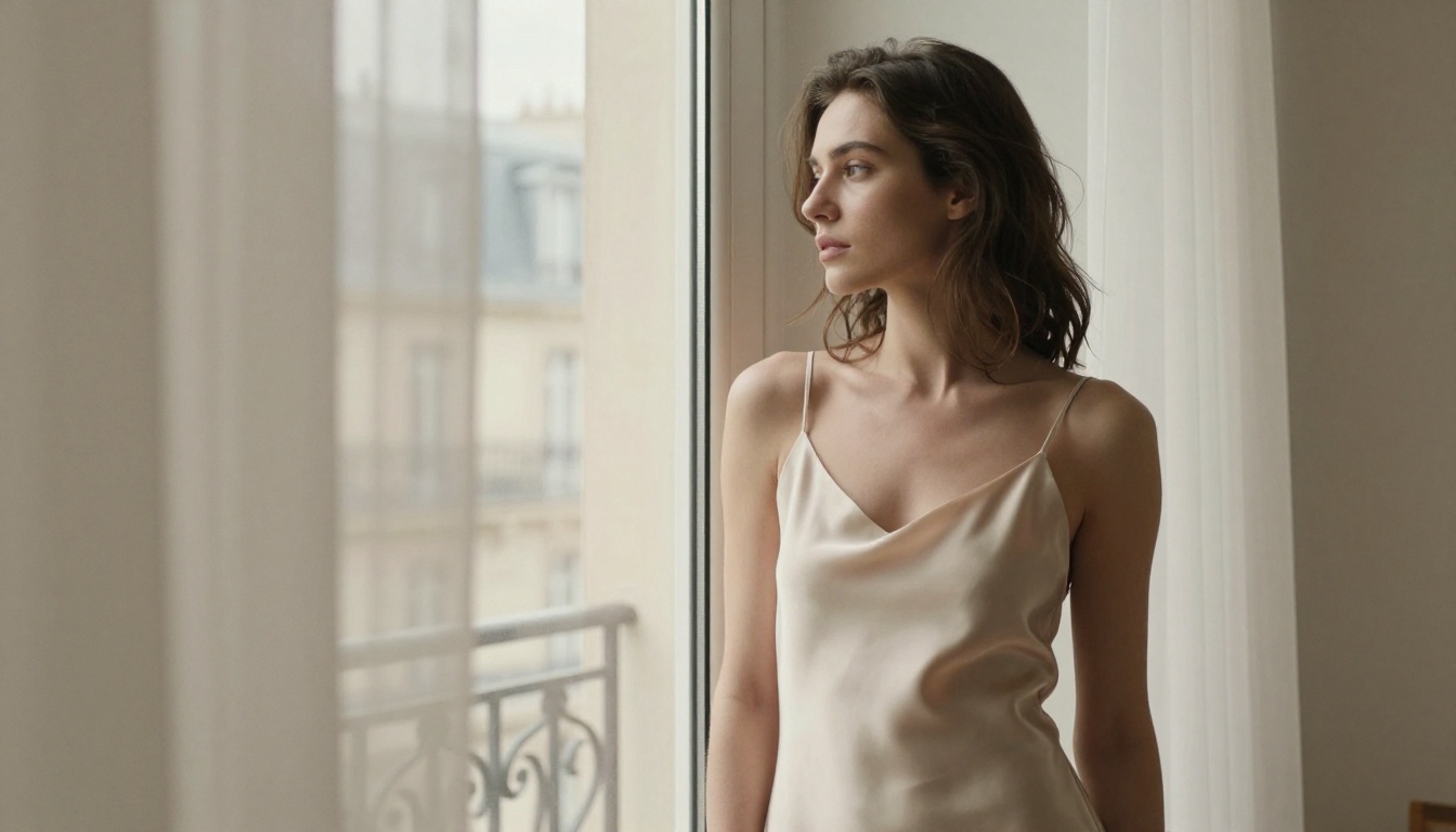 Elegant woman in a sheer ivory silk dress by a floor-to-ceiling window in a minimalist loft