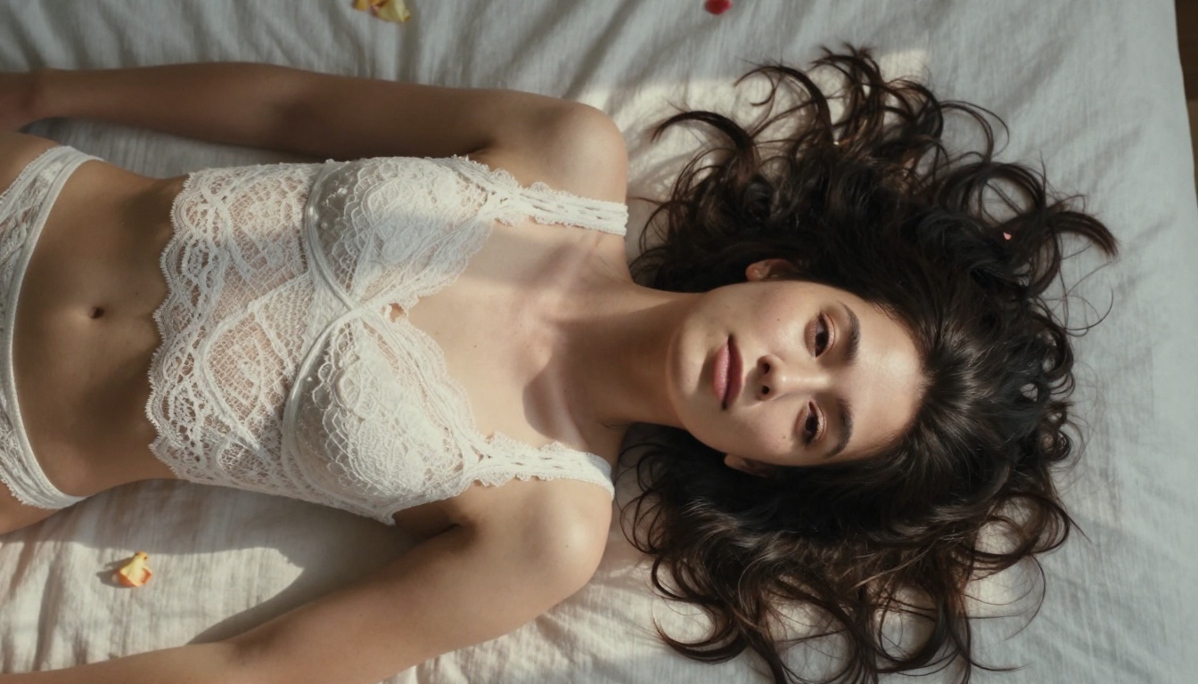 Overhead aerial shot of a woman in a white lace bodysuit on white linen surrounded by petals