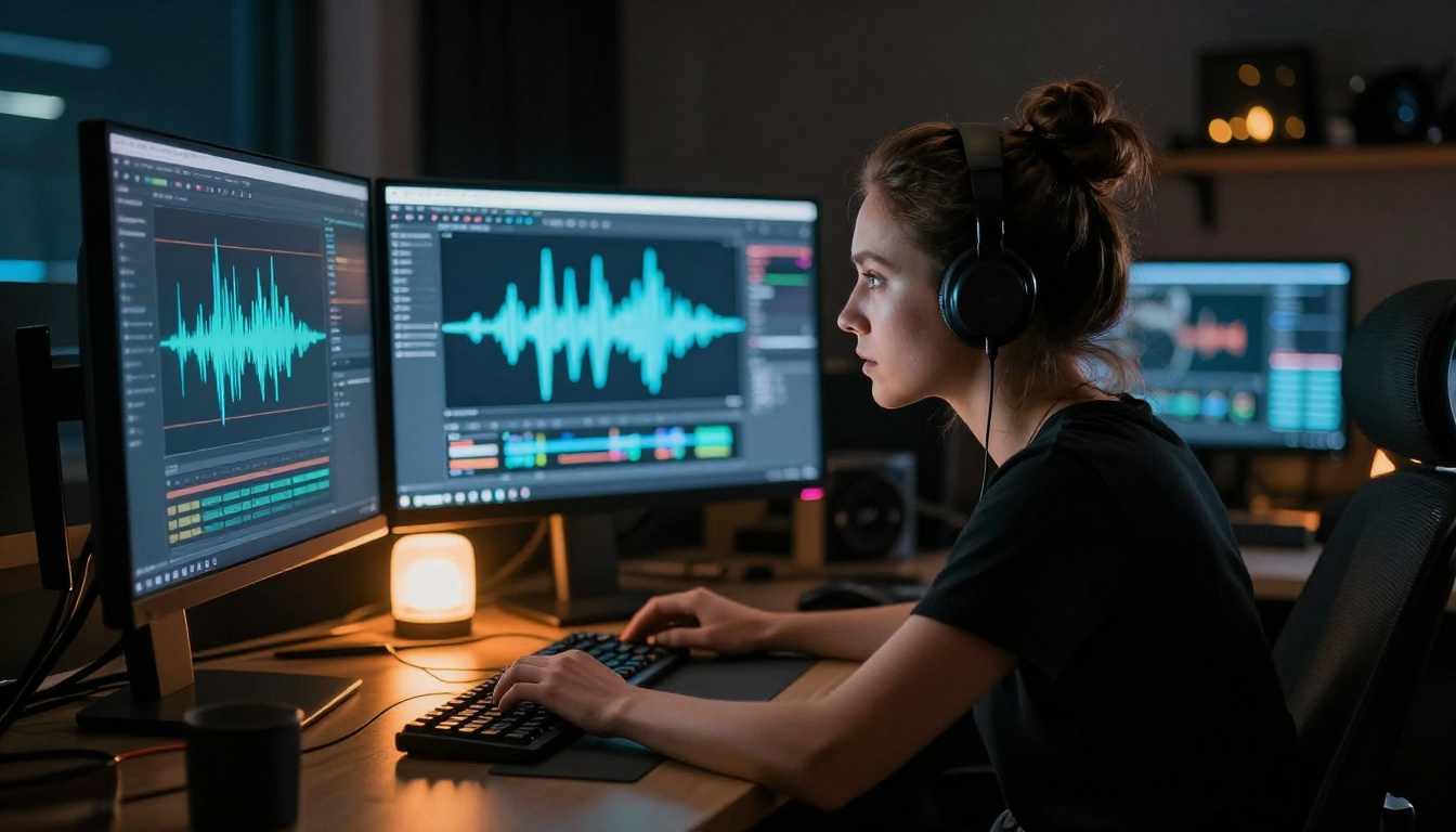Female content creator at a dual-monitor workstation reviewing footage in a darkened studio