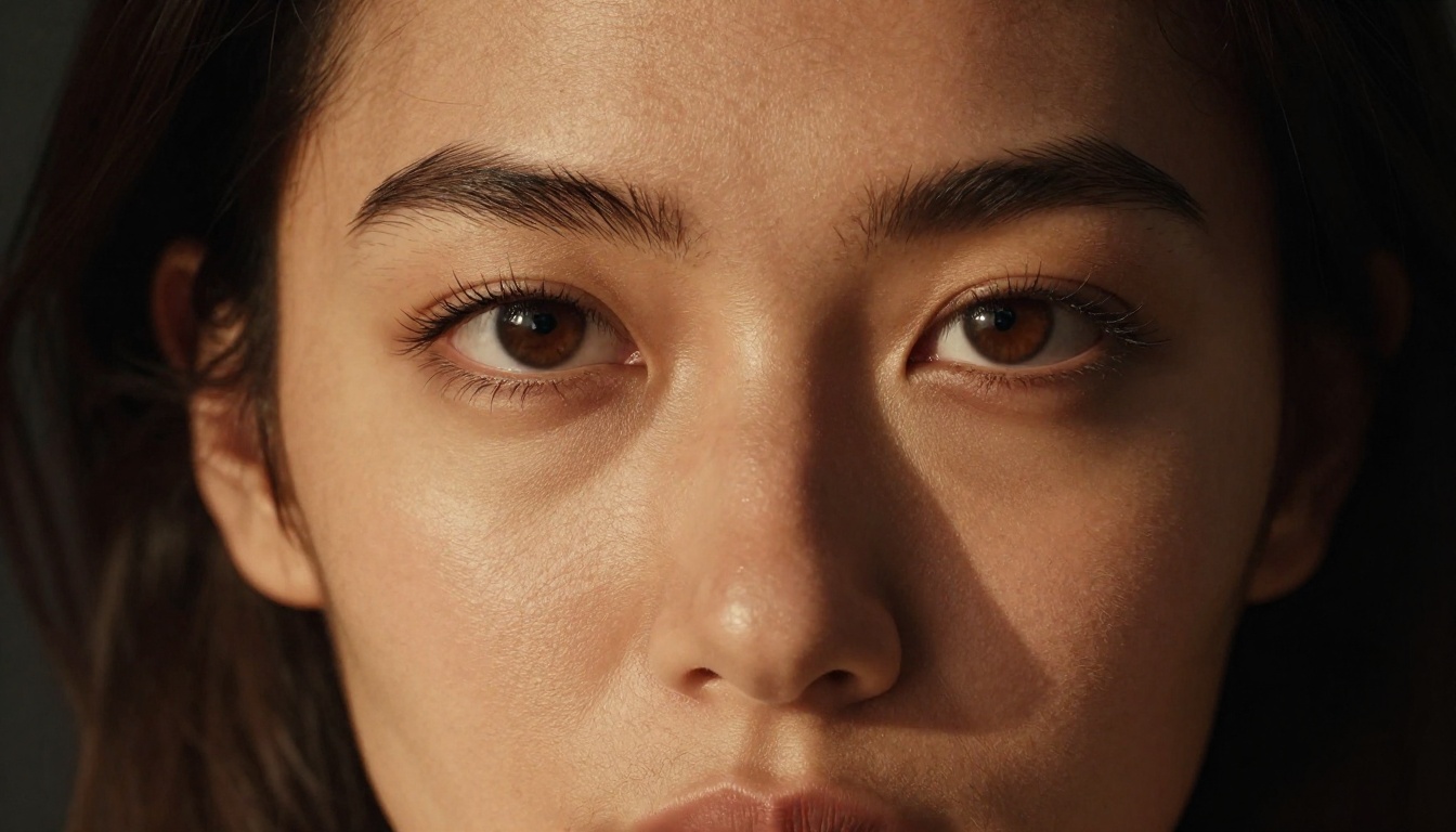 Dramatic close-up portrait with Rembrandt lighting, warm honey skin tones on charcoal background