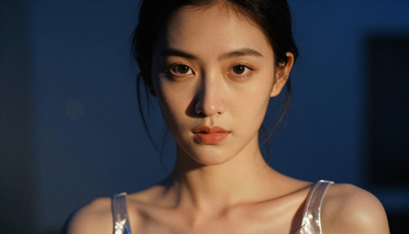 Dramatic split-lighting close-up portrait of a woman in a satin camisole with striking features