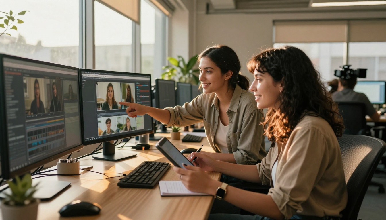 Two female content creators collaborating at adjacent editing workstations in a bright modern studio