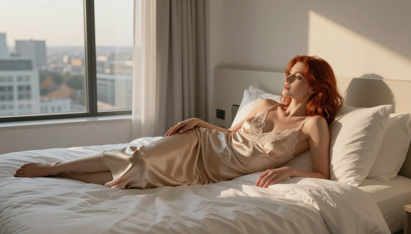 Woman in champagne satin dress reclining on luxury hotel bed with golden hour window light