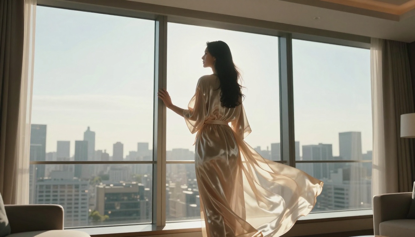 Backlit silhouette of a woman in a silk robe at a panoramic window in a luxury penthouse
