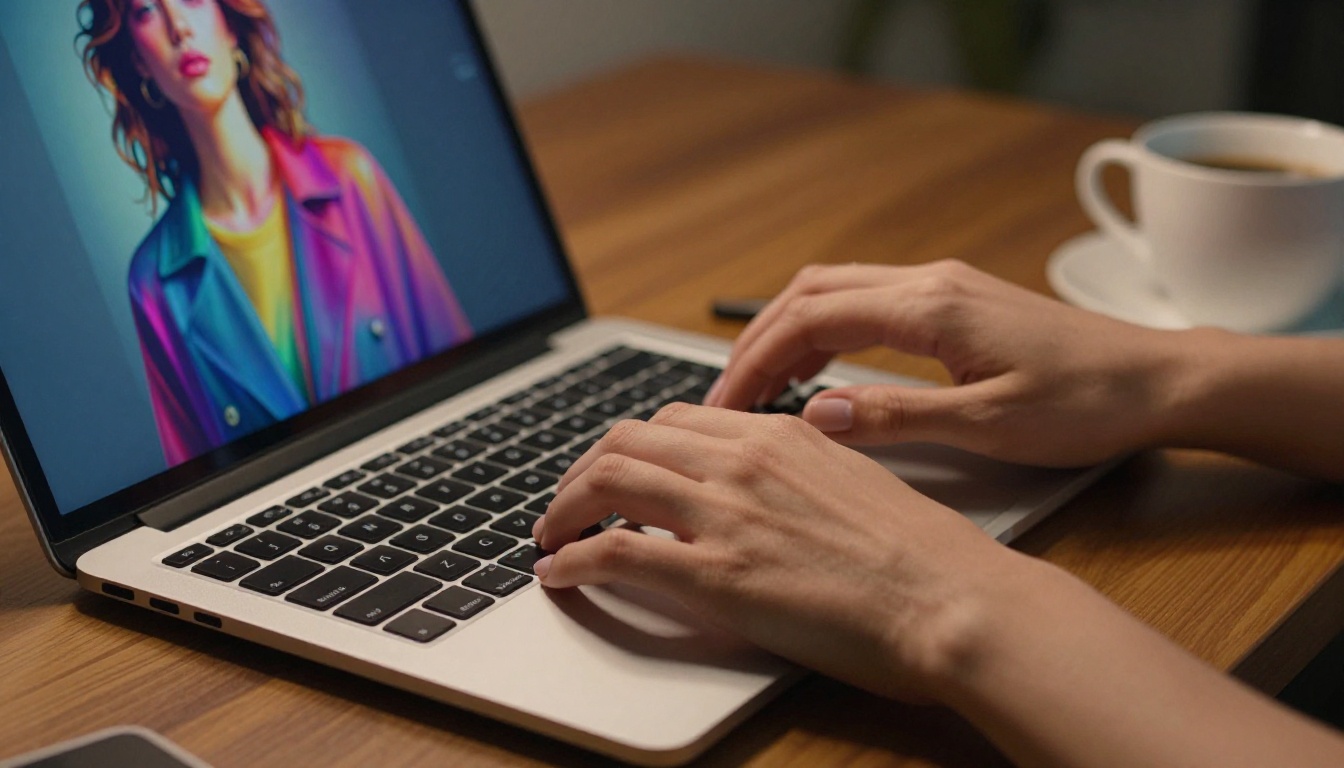 Close-up editorial shot of hands typing on laptop with vibrant AI-generated image visible on screen