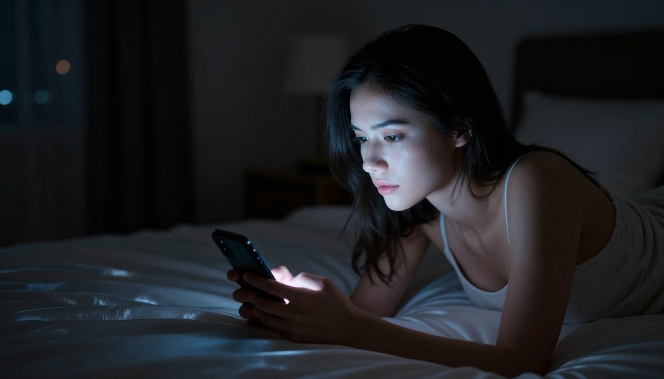 Woman chatting on smartphone late at night in bed