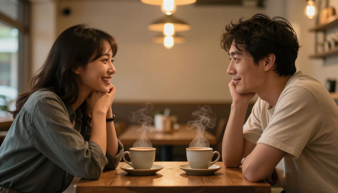Man and woman having an intimate conversation at a café