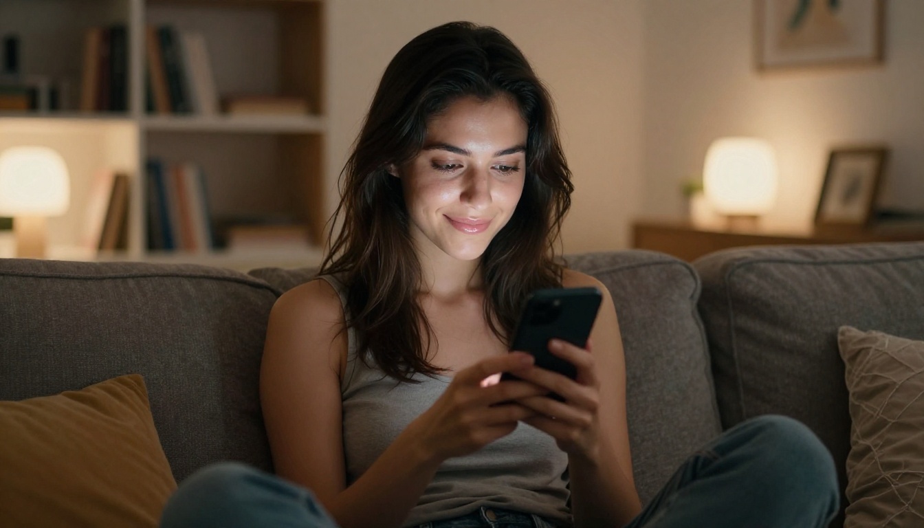 Woman sitting privately on a sofa, holding her phone close