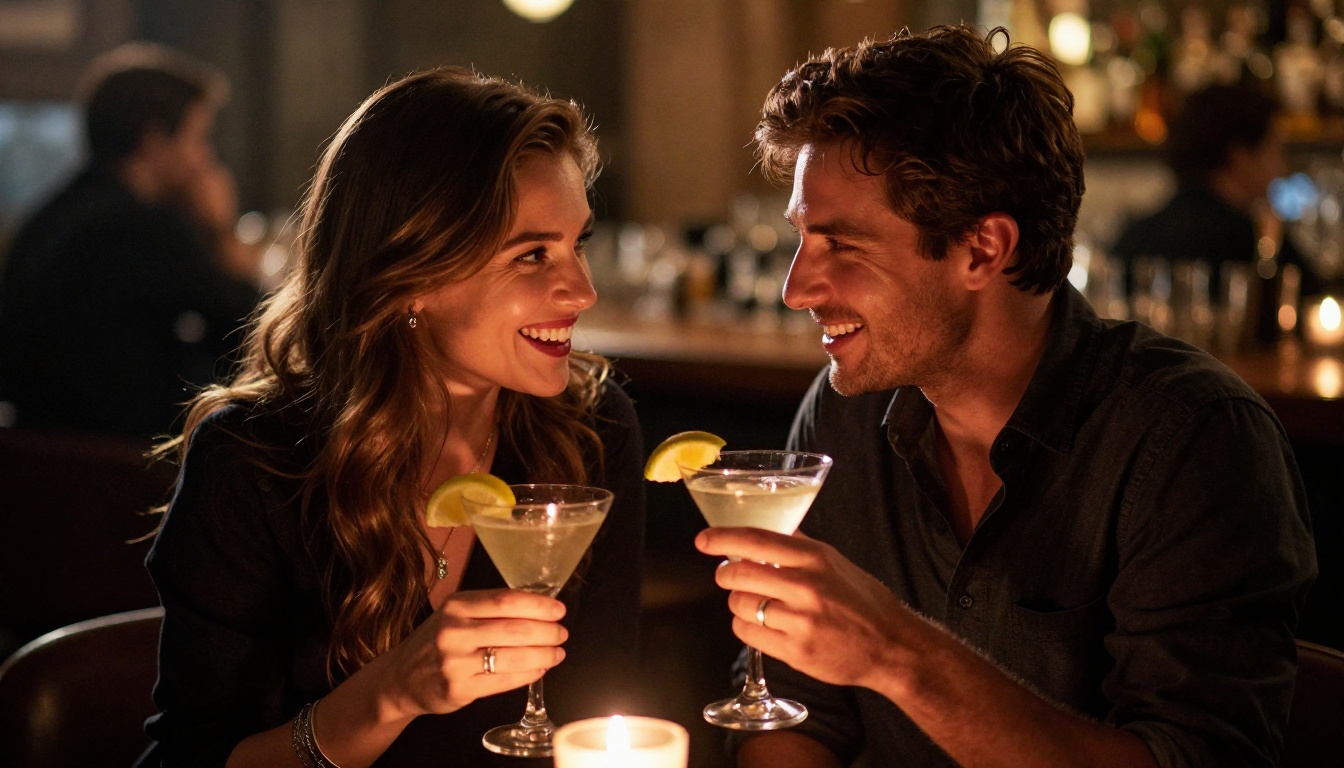 Man and woman flirting at a dimly lit cocktail bar