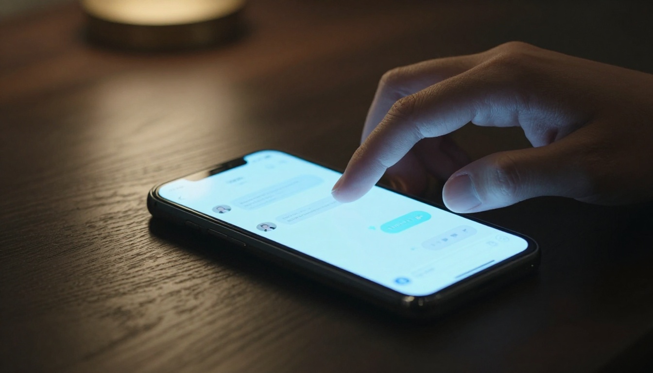 A hand reaching toward a glowing smartphone on a dark wooden surface
