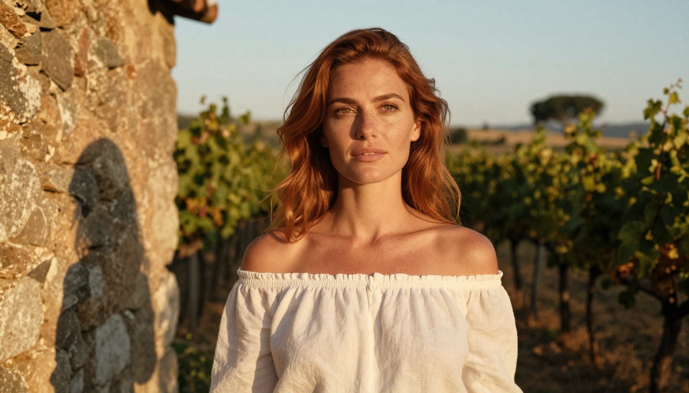 Woman in Tuscan vineyard at golden hour, photorealistic editorial photography Woman in Tuscan vineyard at golden hour, photorealistic editorial photography