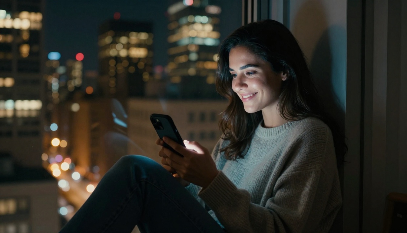 Woman smiling privately at her phone against a city skyline at night