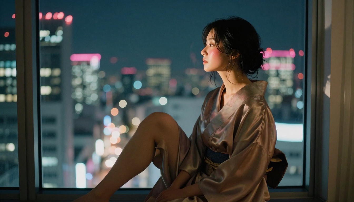 Woman seated by window in Tokyo apartment with city bokeh at night Woman seated by window in Tokyo apartment with city bokeh at night