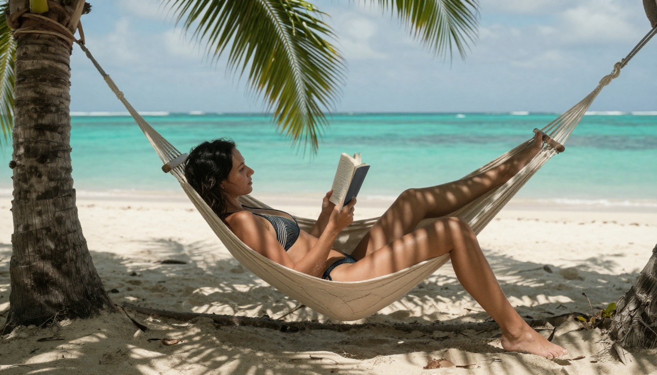 Woman relaxing in Caribbean beach hammock, turquoise water
