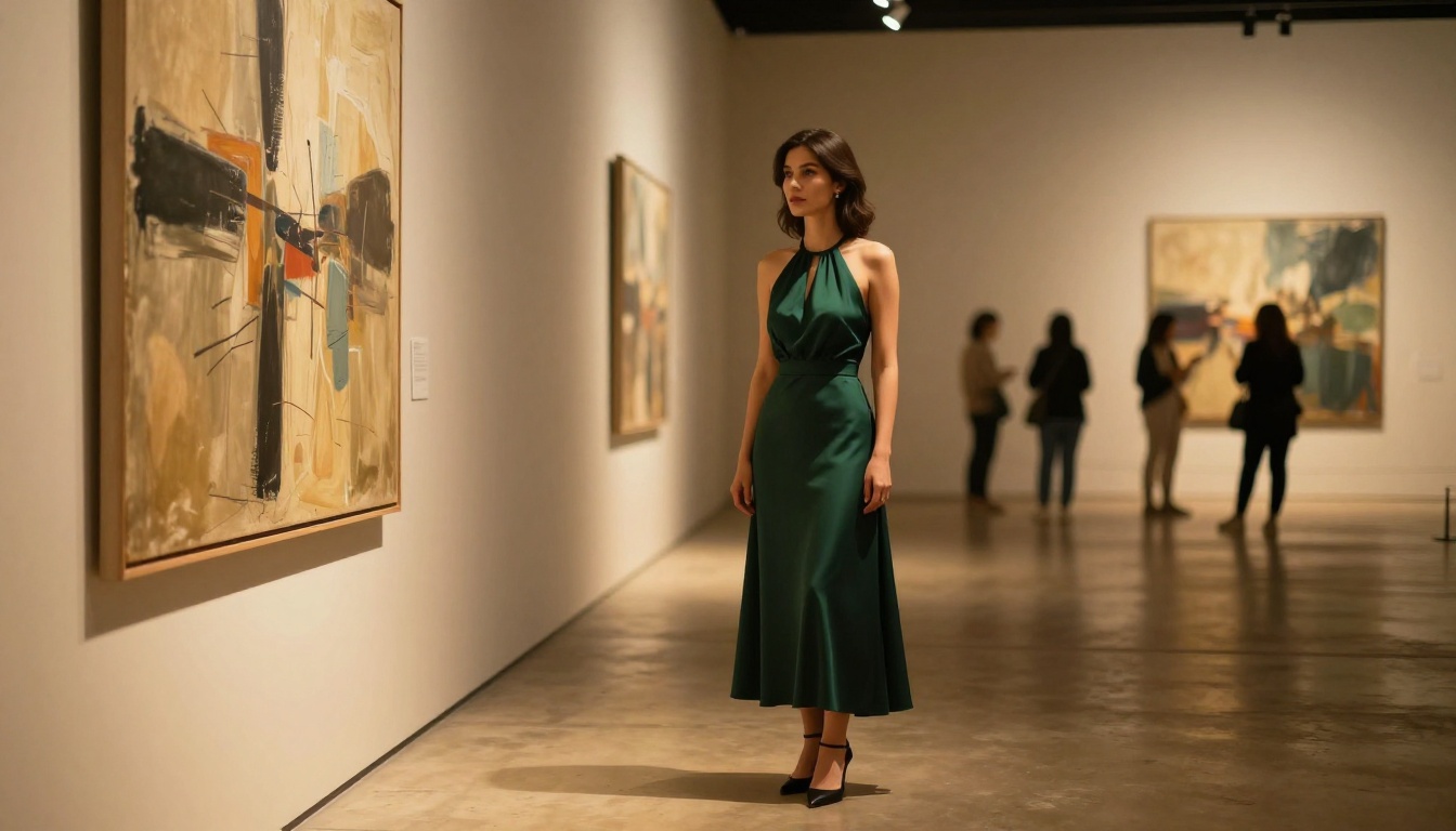 Woman in art gallery in emerald green halter dress, warm exhibition lighting