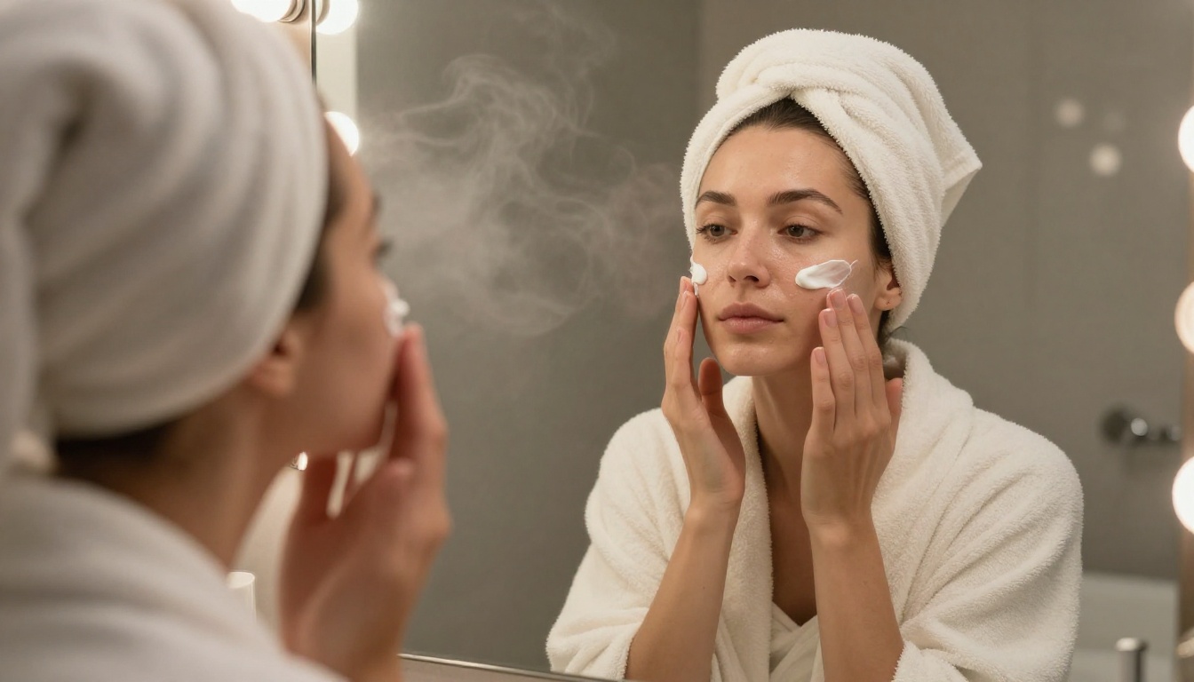 Woman in luxury spa at vanity mirror, warm incandescent light