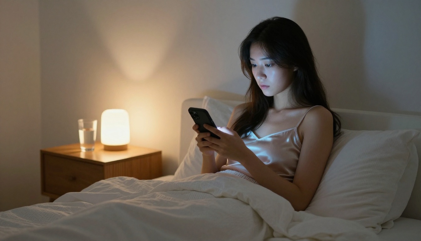Woman using phone in bed at night