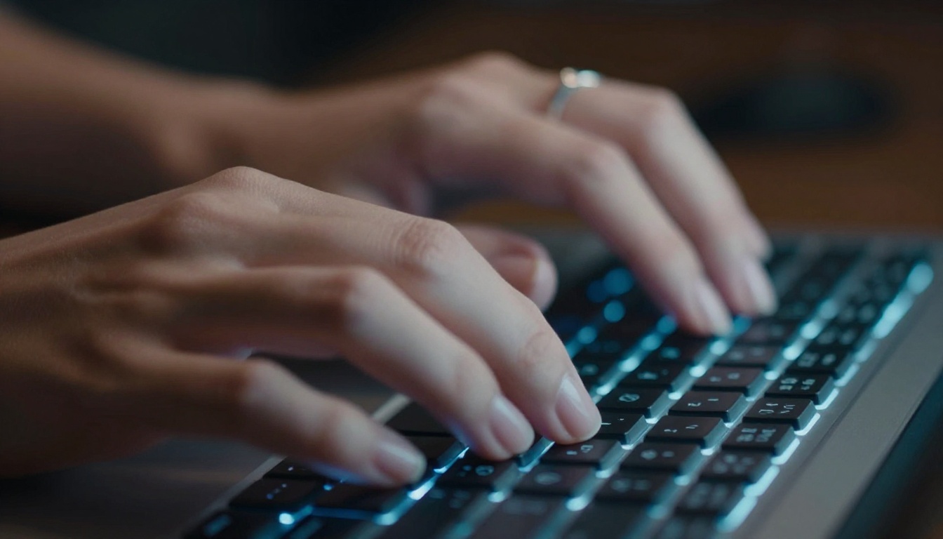 Close-up of feminine hands typing on dark keyboard with screen glow