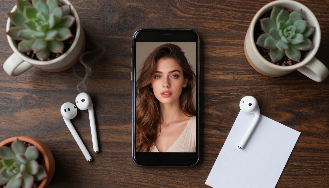 Phone on desk with AI art flat lay