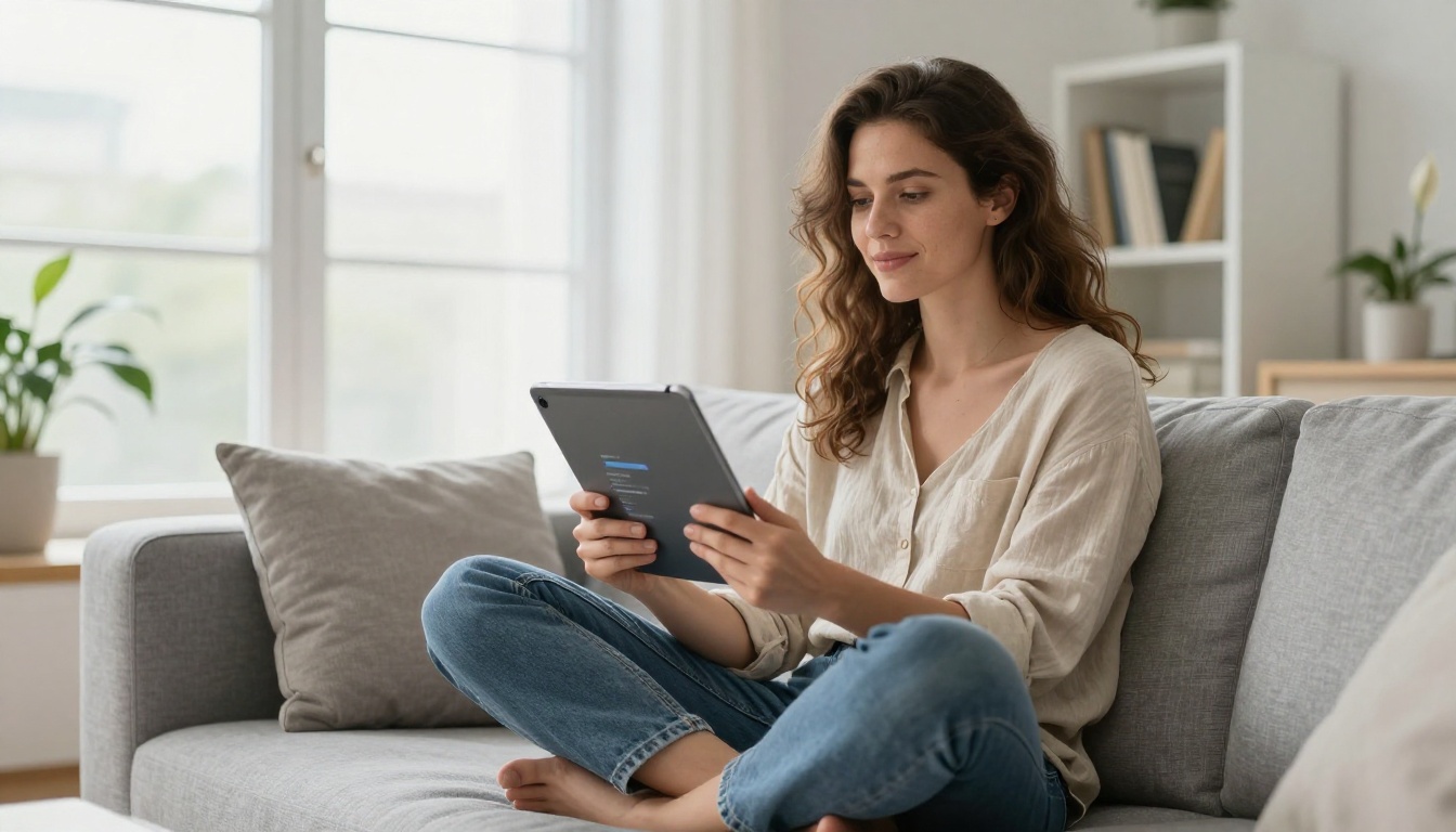 Woman using tablet with chat interface, seated on sofa