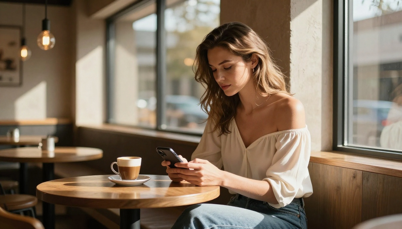 Woman at cafe using phone