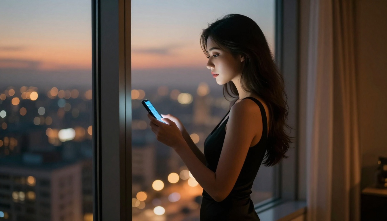 Elegant silhouette of woman at window holding glowing phone