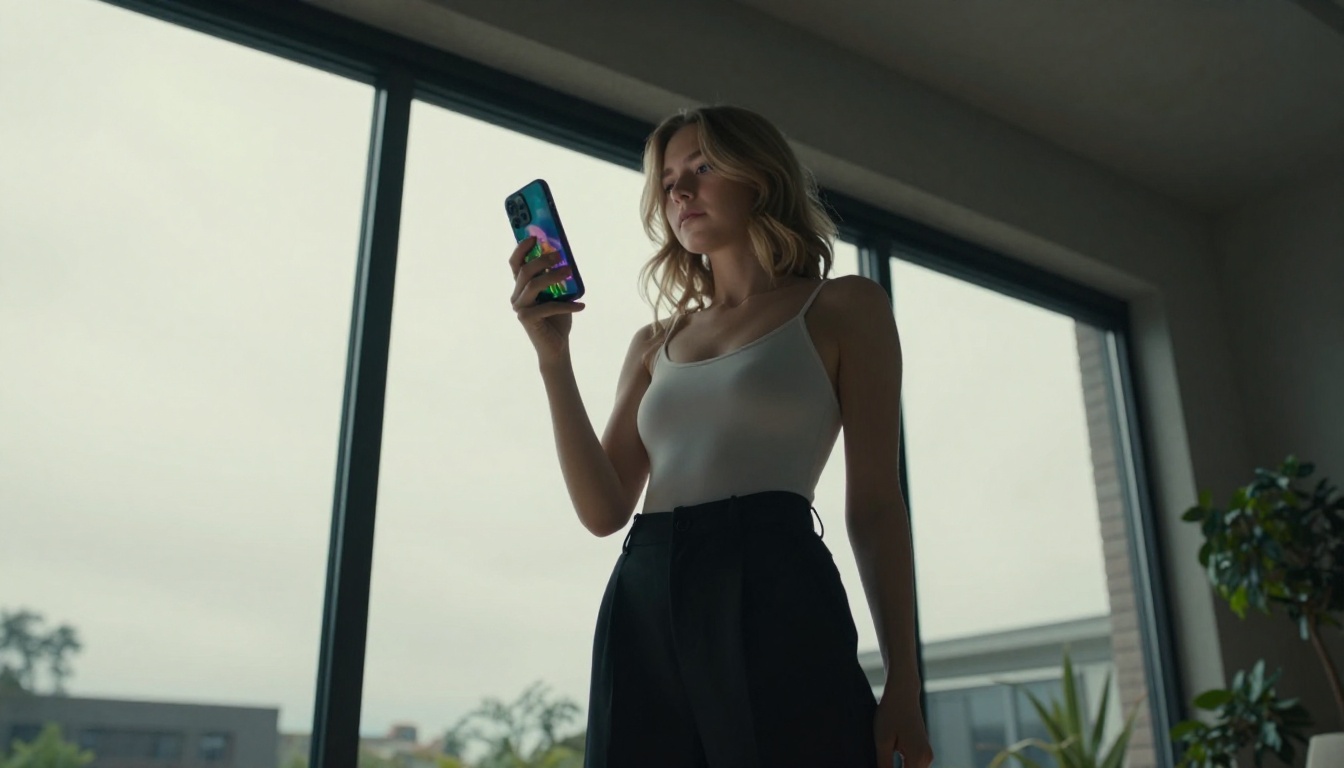 Low angle woman holding phone by window
