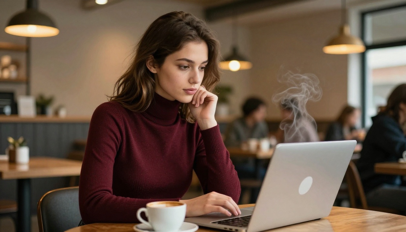 Woman in coffee shop booth with laptop, warm tungsten lighting