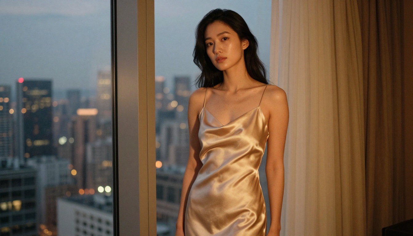 Sophisticated woman in elegant satin dress overlooking city skyline at dusk