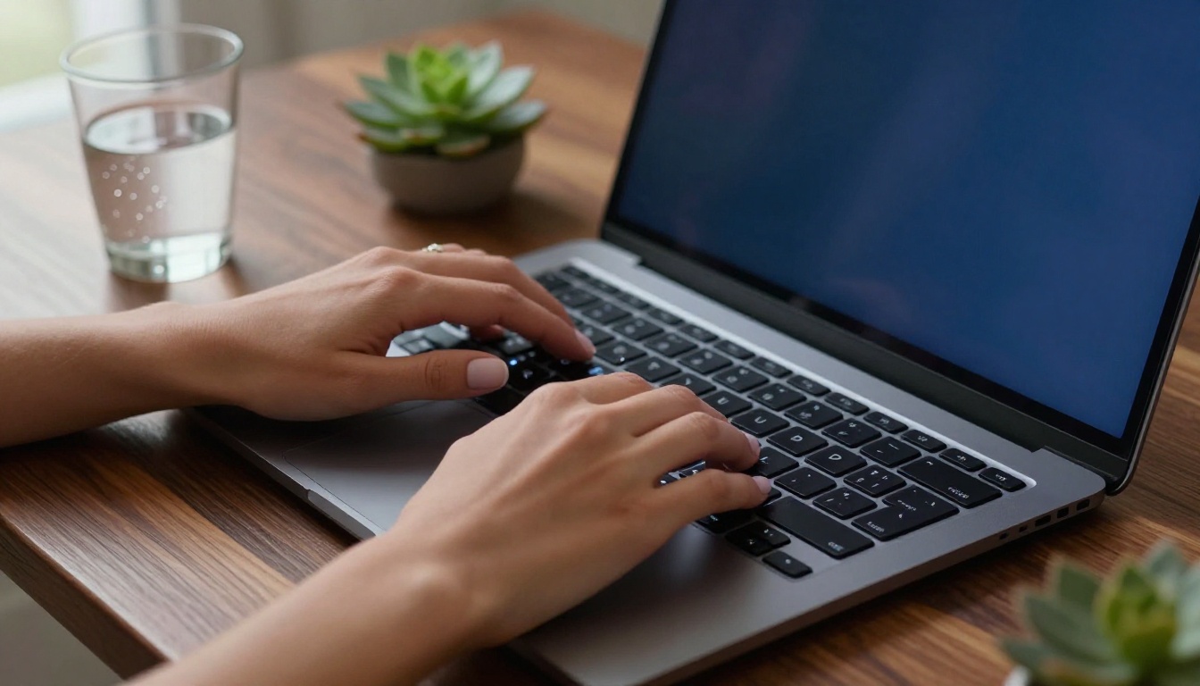 Elegant hands typing on laptop, AI interface screen reflecting on keyboard