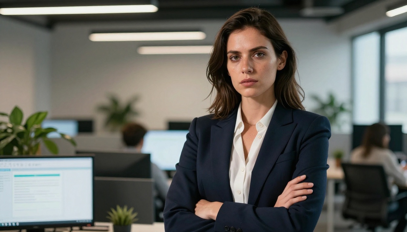 Confident woman standing in modern office, looking directly at camera
