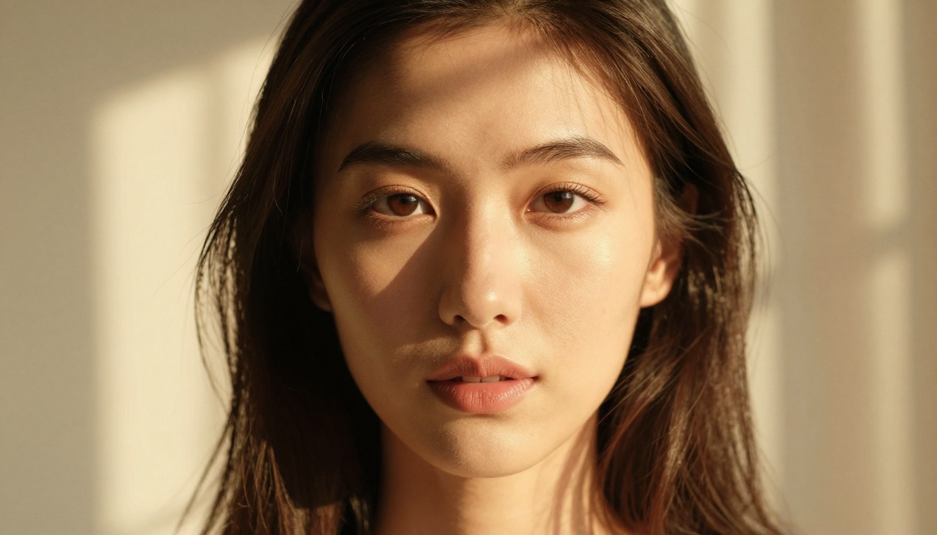 Close-up portrait of beautiful woman, warm golden hour light through curtains