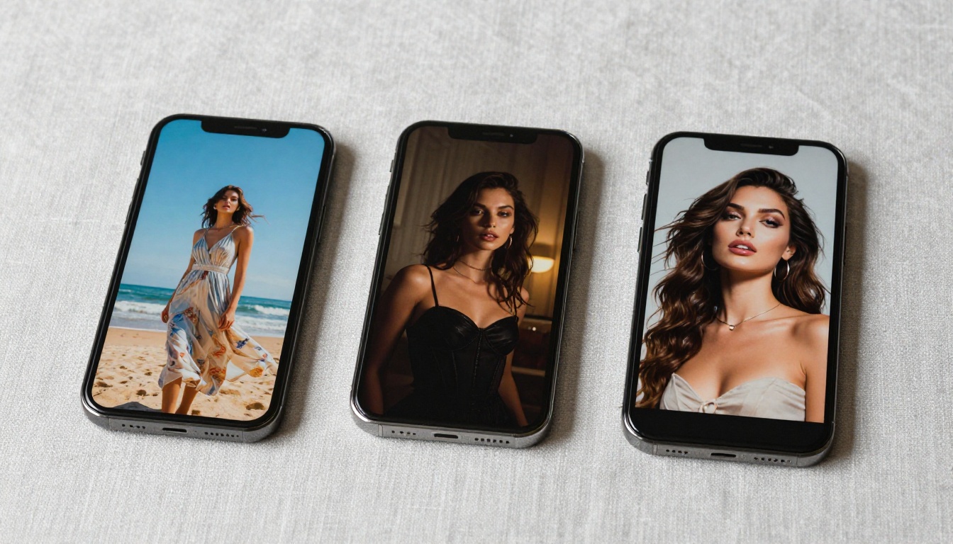 Three phones with AI-generated art on screens