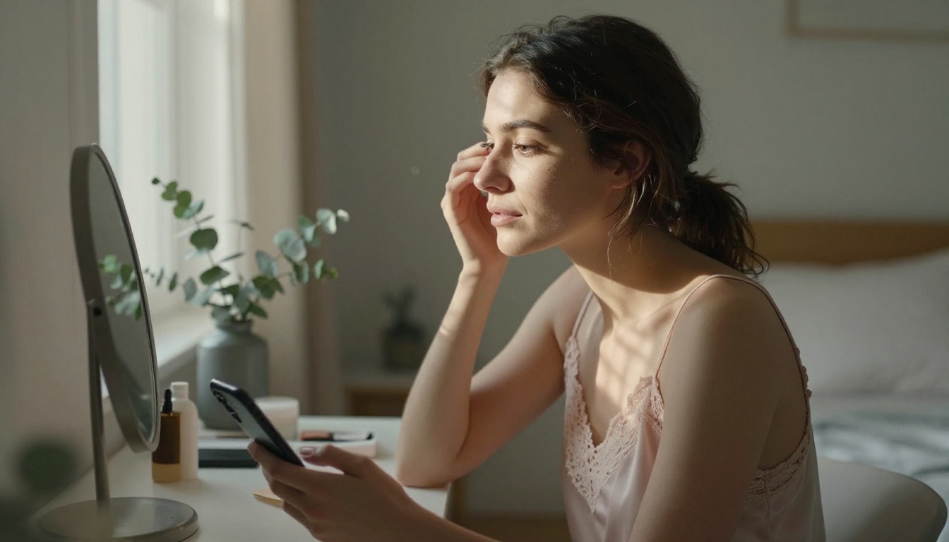 Woman at vanity table in blush camisole, glancing at phone