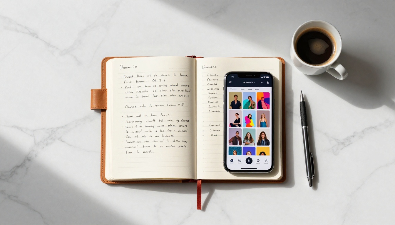 Flat lay of notebook with AI prompts, smartphone, espresso on marble desk