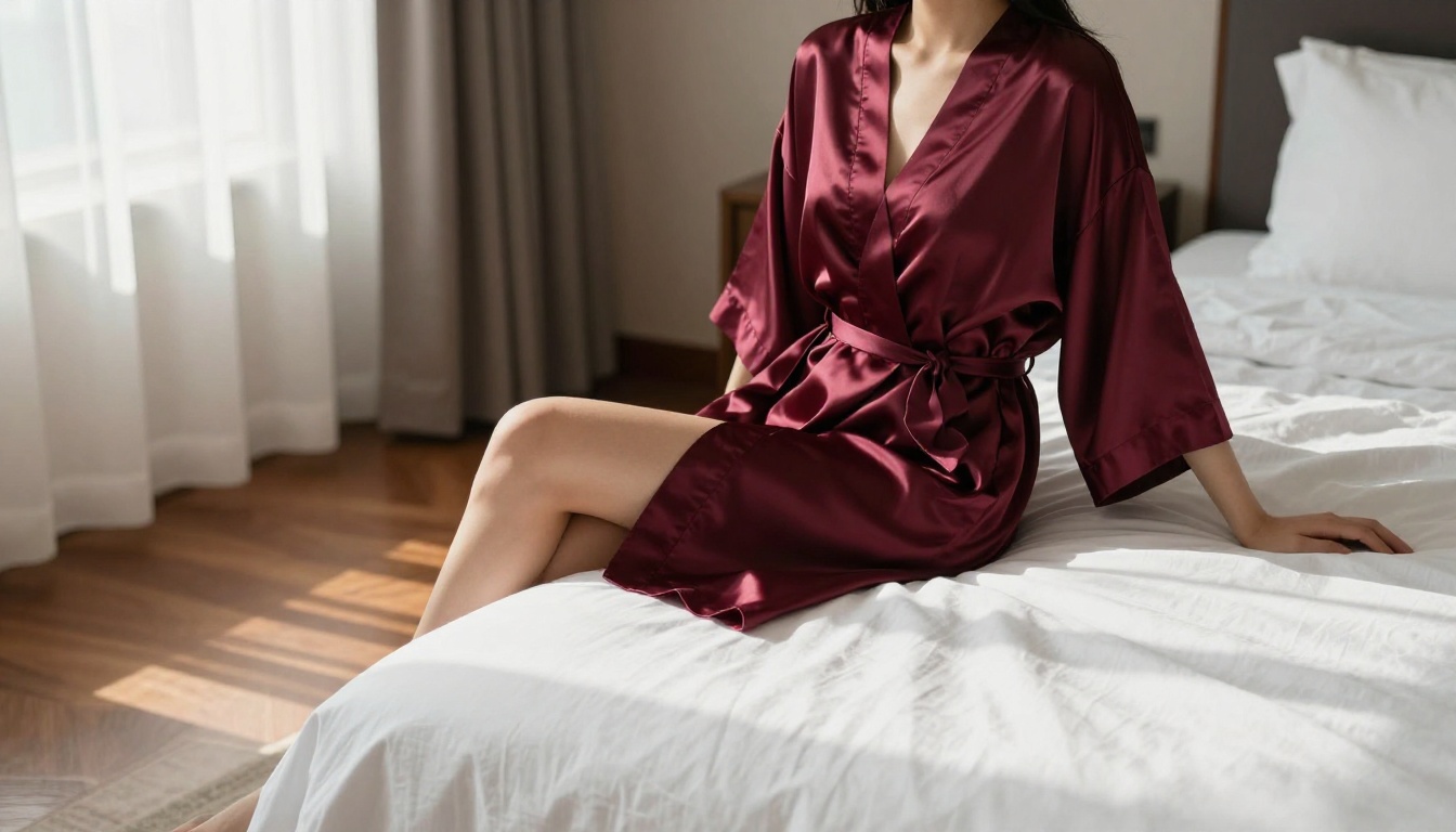 Elegant woman in deep burgundy silk robe, boutique hotel room morning light