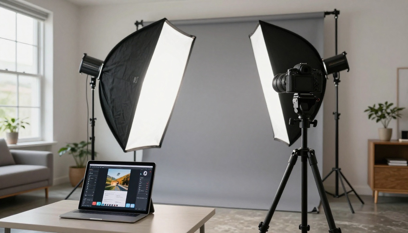 Professional photography studio setup with camera, softbox lights and tablet