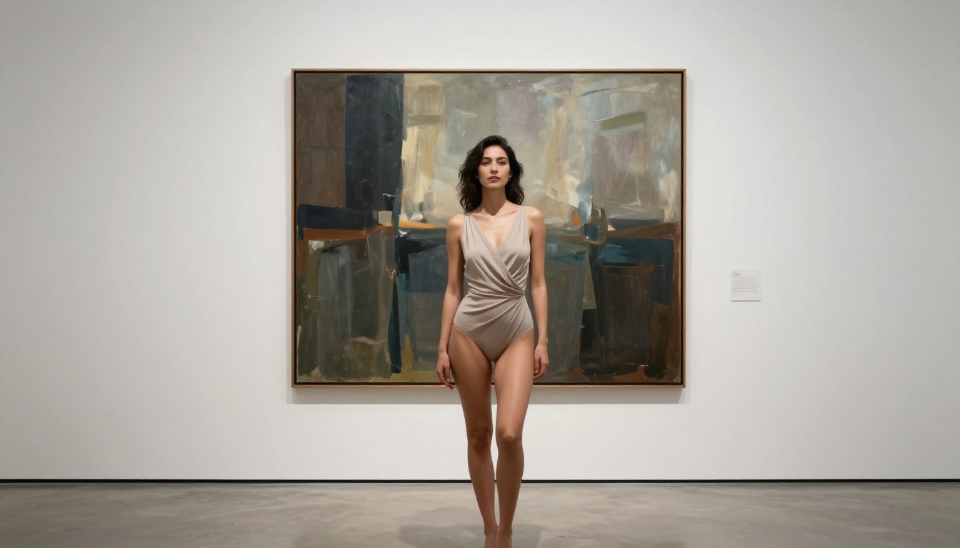 Beautiful woman in neutral bodysuit posed beside abstract painting in art gallery