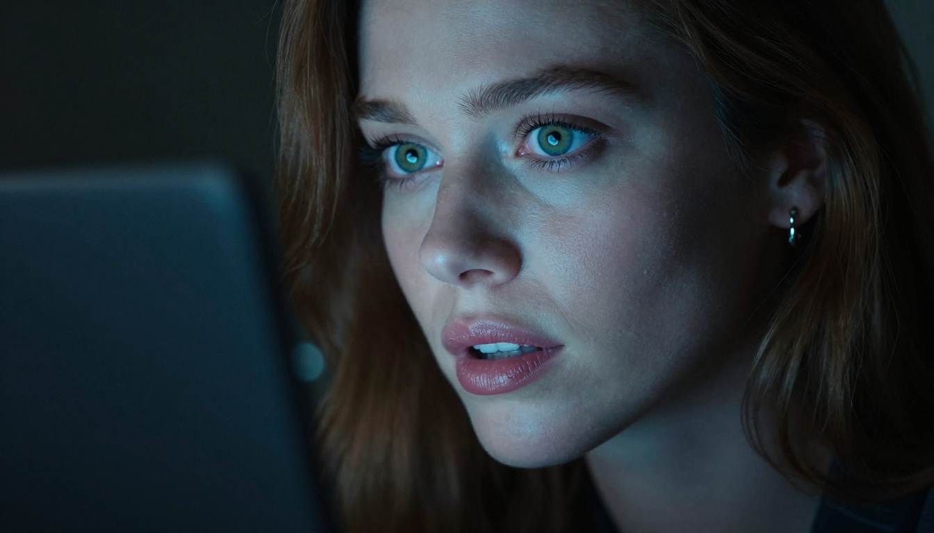 Woman's face illuminated by laptop screen glow in dark room