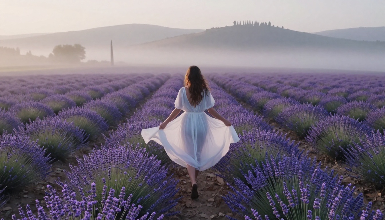 Woman in flowing white dress in Provence lavender field, aerial drone photography