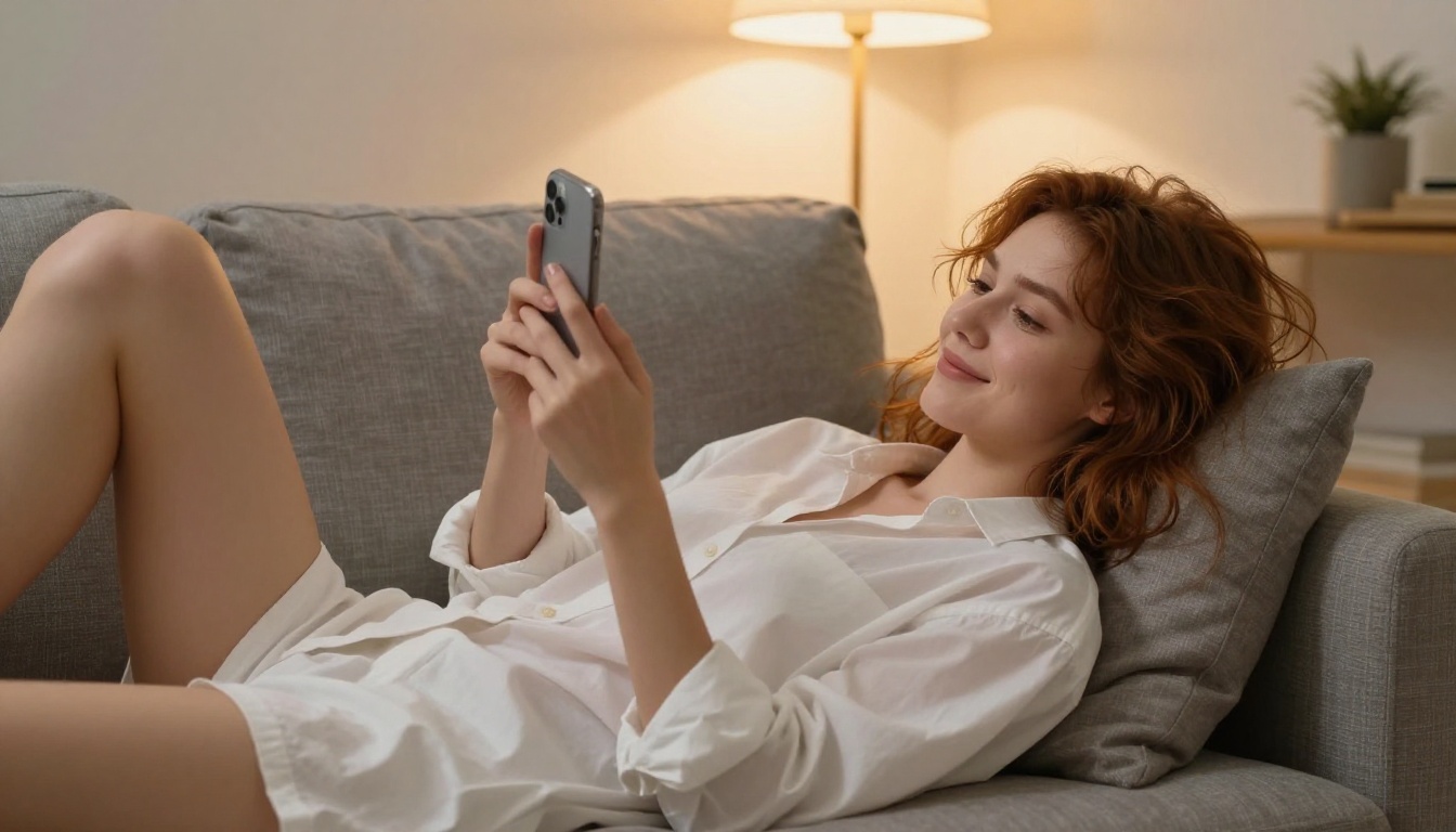 Young woman with tousled auburn hair lying on a gray linen sofa, oversized white shirt revealing her collarbone, holding phone above her with an amused smile, warm floor lamp rim lighting, Sony A7R V 35mm, photorealistic, 8K Young woman with tousled auburn hair lying on a gray linen sofa, oversized white shirt revealing her collarbone, holding phone above her with an amused smile, warm floor lamp rim lighting, Sony A7R V 35mm, photorealistic, 8K