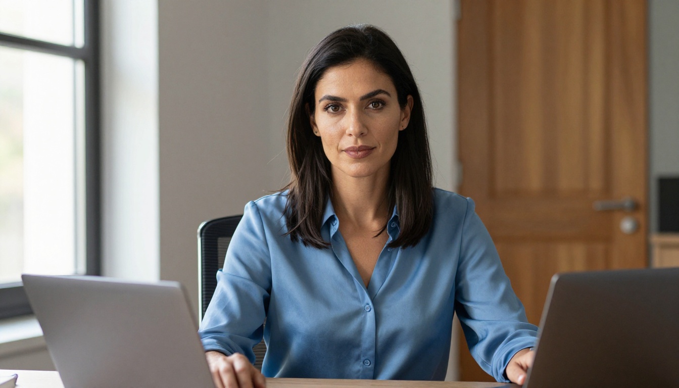 Confident woman with dark straight hair seated in modern home office chair, direct eye contact, slate-blue silk blouse, natural daylight from the right, Canon EOS R5 85mm, photorealistic, 8K Confident woman with dark straight hair seated in modern home office chair, direct eye contact, slate-blue silk blouse, natural daylight from the right, Canon EOS R5 85mm, photorealistic, 8K