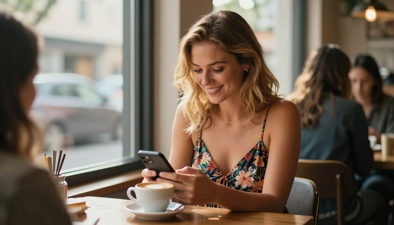 Honey-blonde woman smiling at her phone at a wooden cafe table, natural daylight from the left, floral sundress, bare glowing shoulders, cappuccino beside her, Fujifilm GFX 100S, photorealistic, 8K Honey-blonde woman smiling at her phone at a wooden cafe table, natural daylight from the left, floral sundress, bare glowing shoulders, cappuccino beside her, Fujifilm GFX 100S, photorealistic, 8K