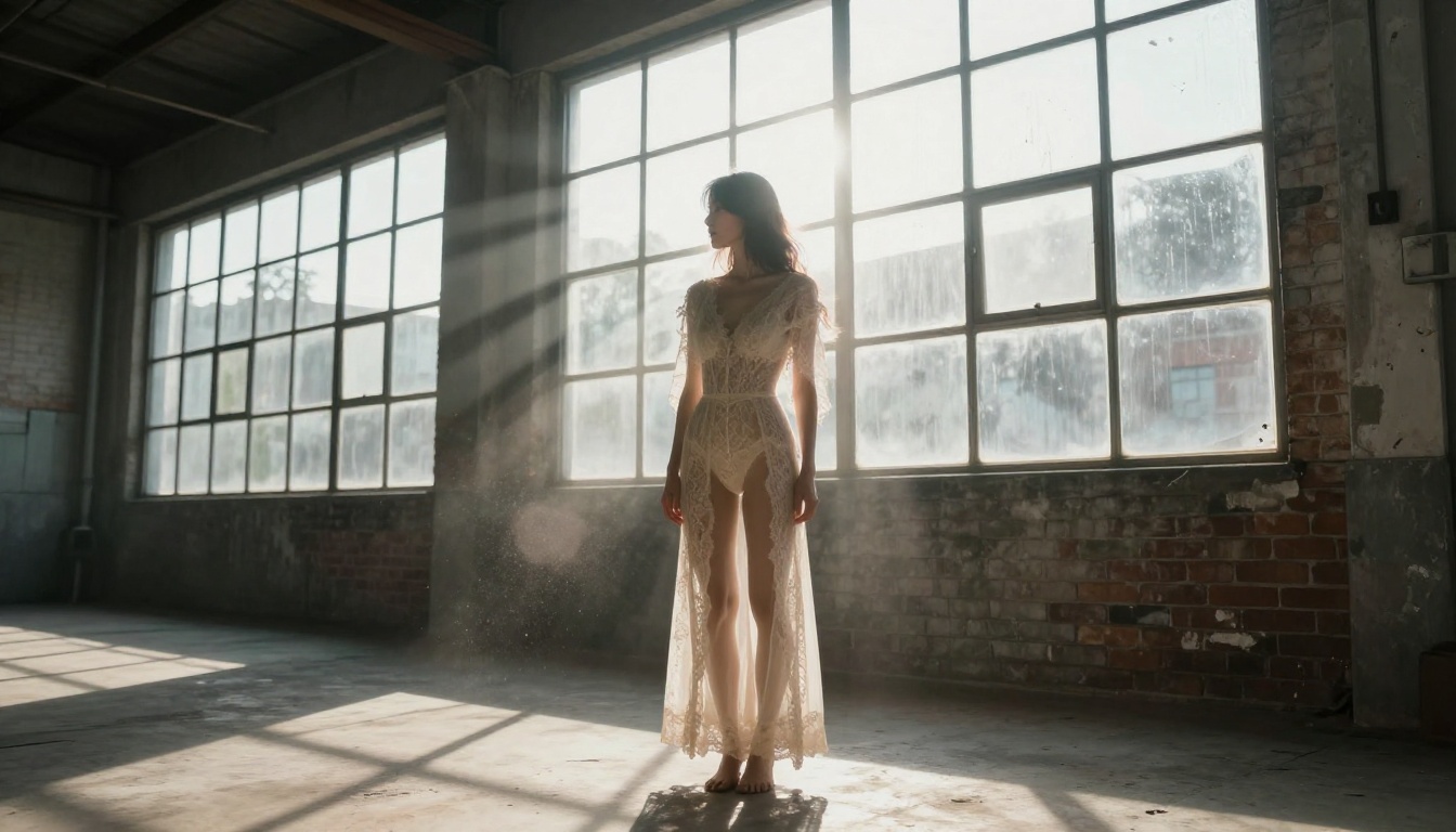 Woman in cream lace bodysuit in warehouse with dramatic backlight through windows