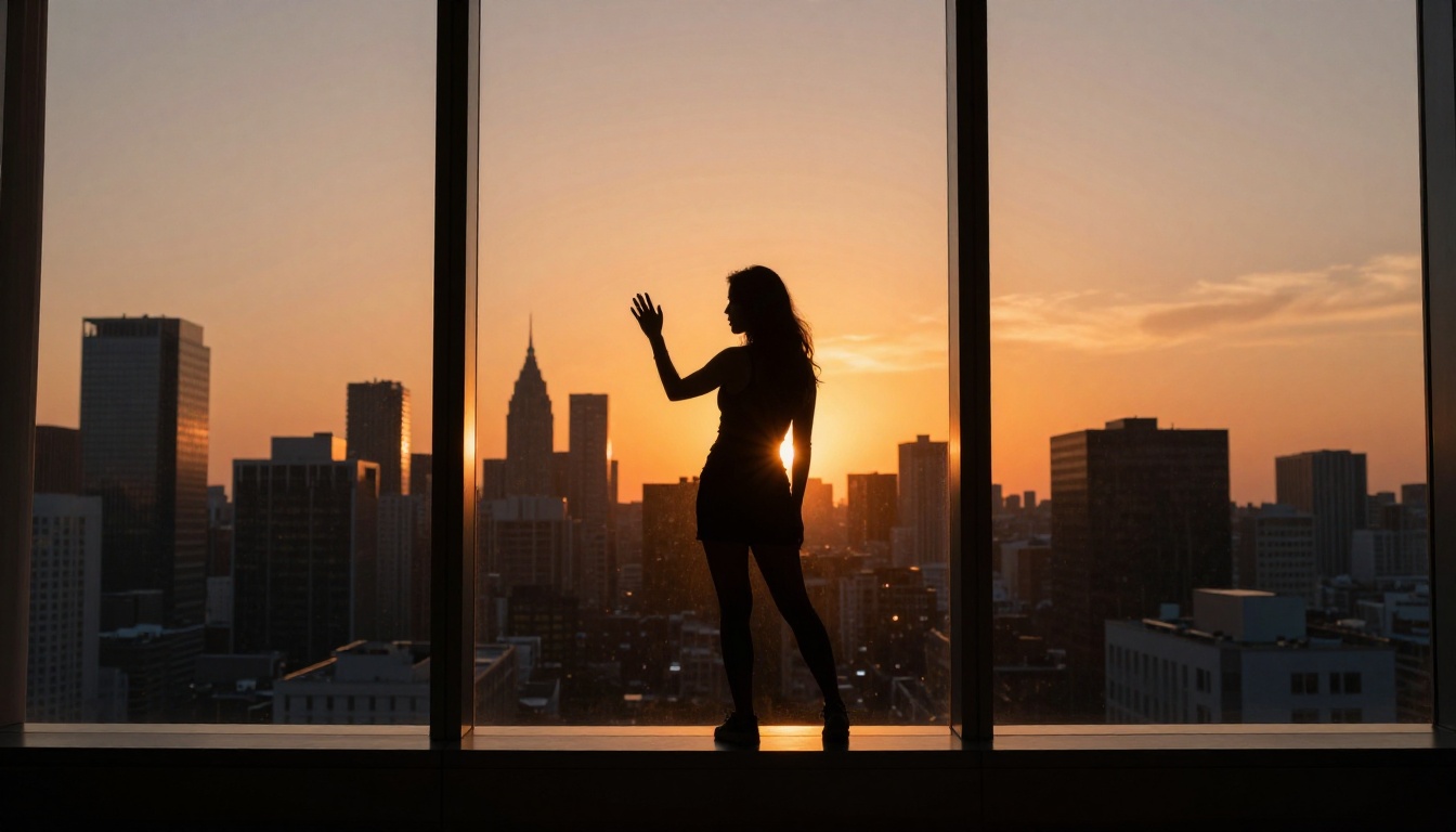 Artistic silhouette of woman against city sunset window, cinematic backlit photography