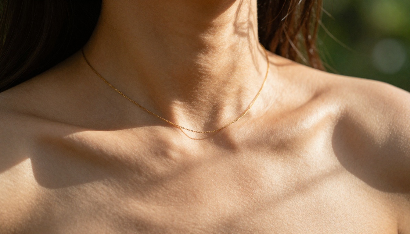 Close-up of woman's bare shoulder and collarbone with gold chain necklace in dappled sunlight